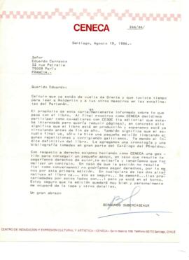 Información de Bernardo Subercaseaux a Eduardo Carrasco sobre edición de libro Conversaciones con...