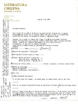 Comentarios de David Valjalo sobre artículo a publicar en Revista Literatura Chilena
