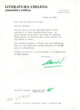 Envío de David Valjalo a Eduardo Carrasco de revista Literatura Chilena
