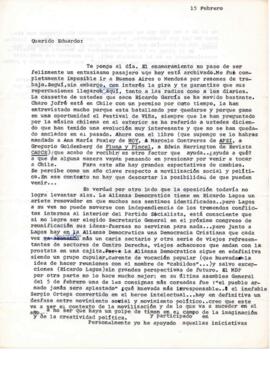 Comentarios de Bernardo Subercaseaux a Eduardo Carrasco sobre la situación política y cultural de...