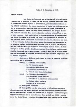 Comentarios de Eduardo Carrasco a Ricardo García sobre posible disco Homenaje a Víctor Jara