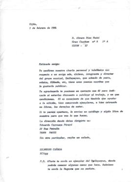 Solicitud de Silverio Cañada a Álvaro Díaz Huici sobre publicación de textos de Eduardo Carrasco