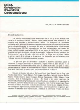 Invitación de Confederación Universitaria Centroamericana a Quilapayún a Festival La Paz de mundo...