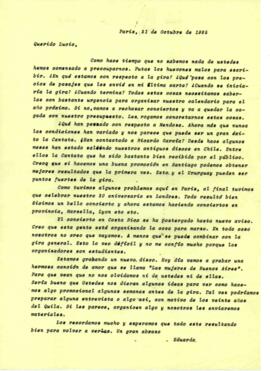 Solicitud de información de Eduardo Carrasco a Lucio Alfiz sobre gira por América