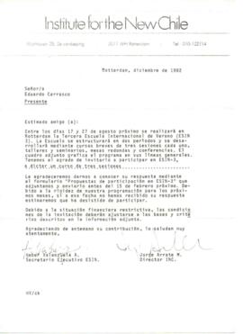 Invitación de Institute for the New Chile a Eduardo Carrasco a dictar un curso en la Tercera Escu...