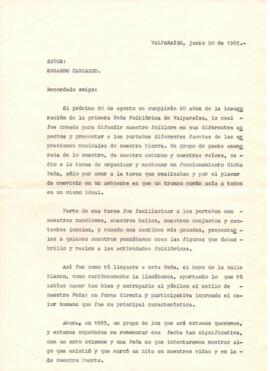 Invitación a Eduardo Carrasco a conmemoración Peña Folklórica de Valparaíso