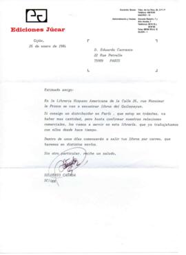Información de Ediciones Jucar a Eduardo Carrasco sobre distribución de libro Quilapayún