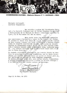 Petición de aporte para el Primer Congreso de artistas y trabajadores de la Cultura de Chile