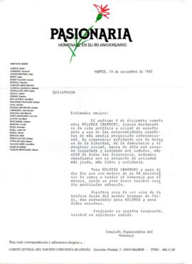 Invitación a Quilapayún a participar de homenaje a Dolores Ibarruri