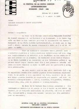 Invitación de Casa de la Cultura Ecuatoriana a Quilapayún a participar en Festival de la Nueva Ca...