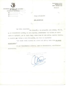 Notificación de la Sociedad General de Autores de España a Quilapayún