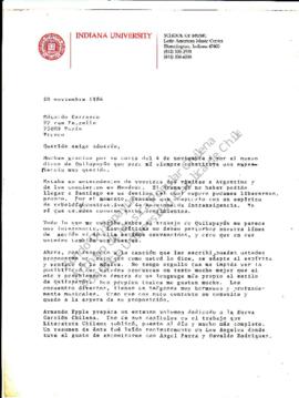 Agradecimientos por envío de carta y disco de Quilapayún por Juan Orrego Salas
