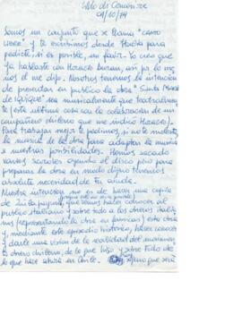 Solicitud de Marcelo Forconi a Eduardo Carrasco de ayuda musical sobre obra Santa María de Iquique