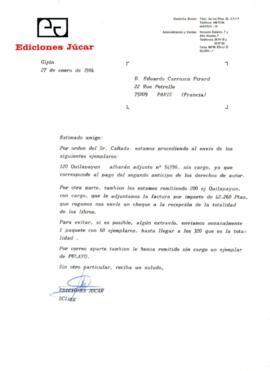 Información de Ediciones Jucar a Eduardo Carrasco sobre envío de libro Quilapayún