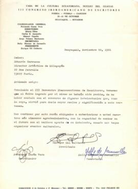 Agradecimiento de Casa de la Cultura Ecuatoriana a Eduardo Carrasco por participar en encuentro d...