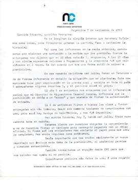 Información de Nuevo Canto Producciones a Quilapayún sobre gira por Argentina y visas