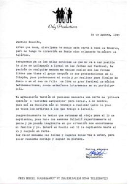 Solicitud de Orly Bergel a Rodolfo Parada de fechas disponibles para gira en Israel
