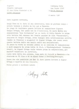 Solicitud de Wolfang Motz a Eduardo Carrasco de entregar carta a Sergio Ortega