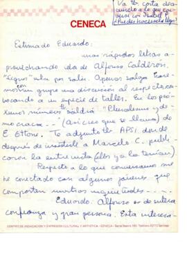 Comentarios de Bernardo Subercaseaux a Eduardo Carrasco sobre el trabajo literario de CENECA