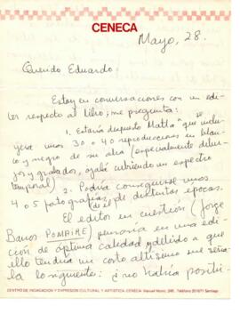 Solicitud de información de Bernardo Subercaseaux a Eduardo Carrasco sobre la posible publicación...