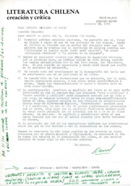 Solicitud de David Valjalo a Eduardo Carrasco de material para la revista Literatura Chilena