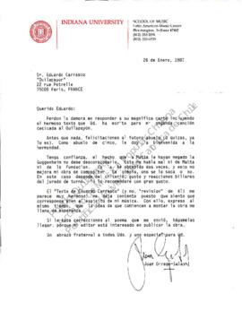 Saludos y comentarios sobre texto escrito por Eduardo Carrasco a canción compuesta por Juan Orreg...