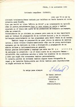 Solicitud de Karel Lachout a Eduardo Carrasco de disco de Quilapayún