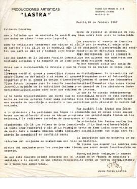 Correspondencia de José María Lastra para coordinar viaje de Quilapayún a Islas Canarias