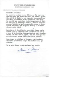 Comentarios de Fernando Alegría a Eduardo Carrasco sobre futura visita a París