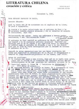 Comentarios de David Valjalo sobre artículo a publicar en Revista Literatura Chilena