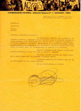 Información de Coordinador Cultural a Quilapayún sobre Congreso de Artistas y trabajadores de la ...