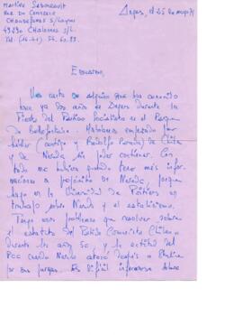 Solicitud de información de Martine Sabonrault a Eduardo Carrasco sobre Pablo Neruda