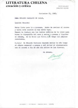 Solicitud de David Valjalo a Eduardo Carrasco de material para la revista Literatura Chilena