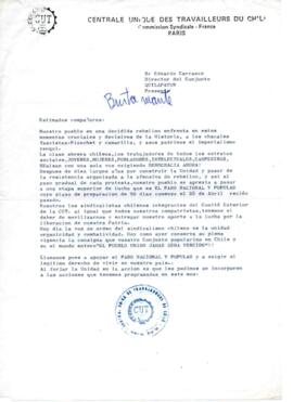 Solicitud de apoyo de Comité Exterior de la Central Única de Trabajadores por Paro Nacional