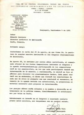 Información de Casa de la Cultura Ecuatoriana a Eduardo Carrasco sobre Encuentro de Escritores