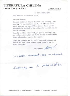 Comentarios de David Valjalo sobre artículo a publicar en Revista Literatura Chilena