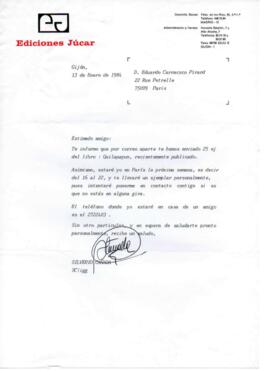 Información de Ediciones Jucar a Eduardo Carrasco sobre envío de libro Quilapayún