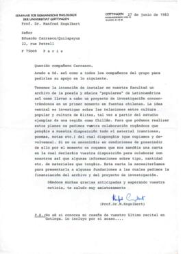Solicitud de ayuda de Manfred Engelbert a Eduardo Carrasco sobre proyecto de archivo de música y ...