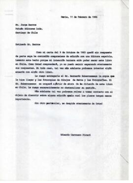 Información de Eduardo Carrasco a Jorge Barros sobre publicación de libro