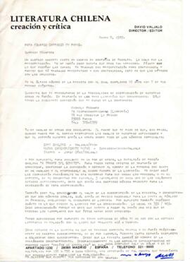 Comentarios de David Valjalo sobre Revista Literatura Chilena y solicitud de ayuda económica
