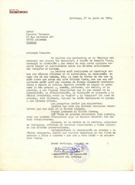 Solicitud de información de la Revista del Domingo a Eduardo Carrasco sobre Quilapayún