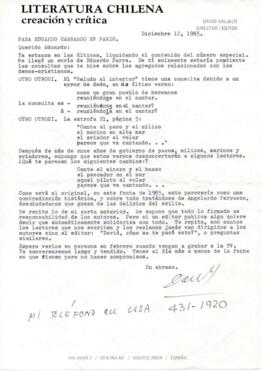 Comentarios de David Valjalo sobre artículo a publicar en Revista Literatura Chilena