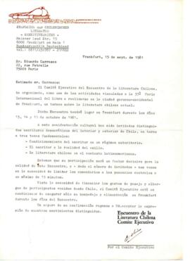Invitación a Eduardo Carrasco a Encuentro de la Literatura Chilena en Frankfurt