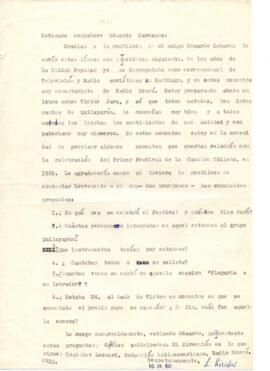 Solicitud de información de Leonard Kosichev a Eduardo Carrasco sobre Festival de la Canción Chilena