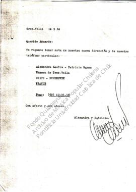 Alexandra Lastra y Patricio Manns envían su dirección
